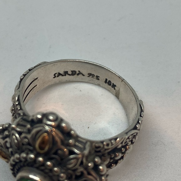 Sarda Sterling Silver & 18K Gold Accent Green Chalcedony Ornate Ring (Size 9) - Picture 3 of 5